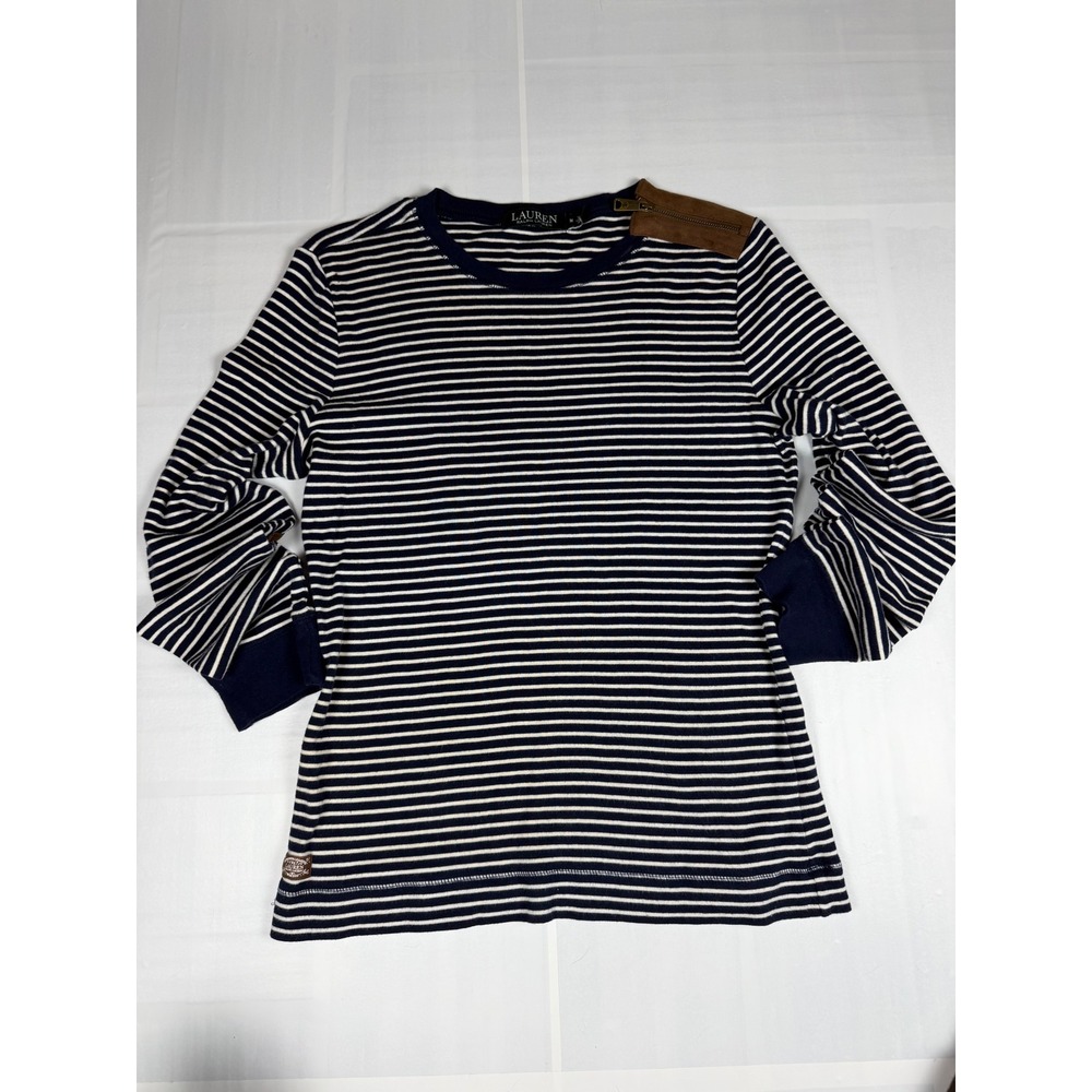 Lauren Ralph Lauren Striped Long Sleeve Top Navy White Suede Elbow Patches M